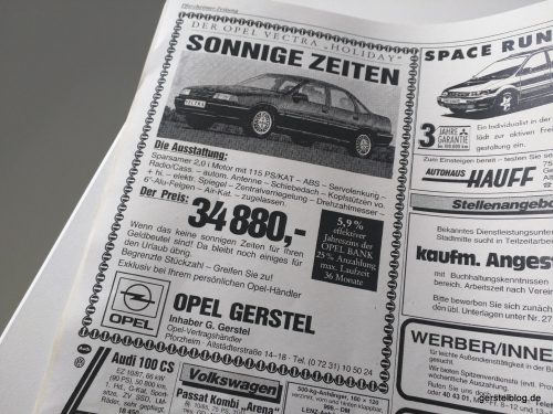 Gerstel-Anzeige zum Opel Vectra aus dem Jahr 1992